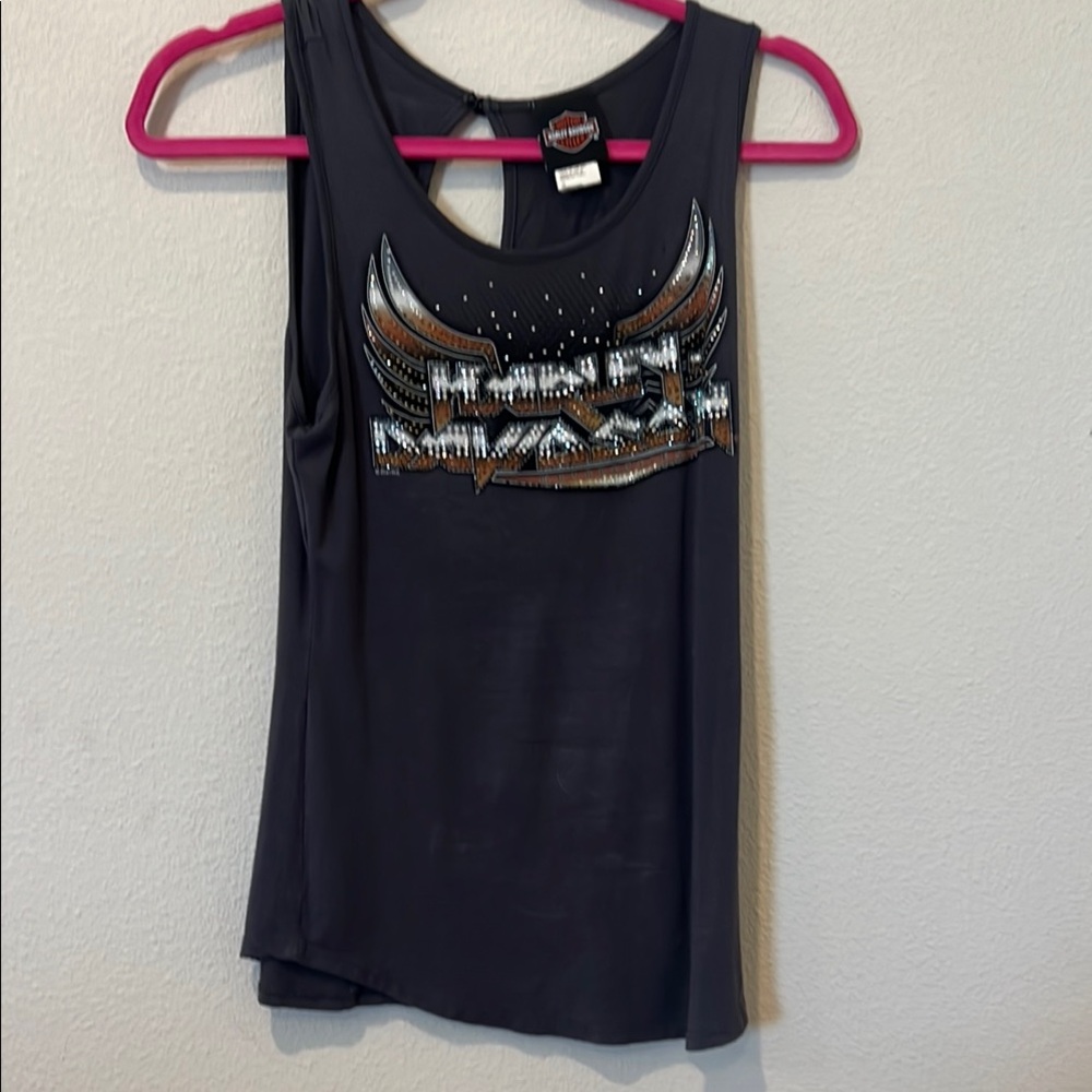 Harley-Davidson Black and Gold Asymmetrical Graphic Tank Top